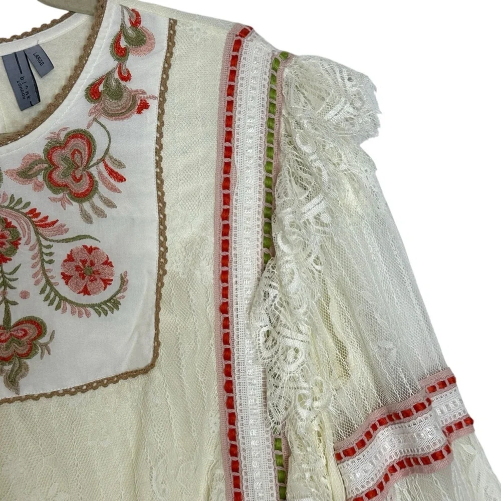 Anthropologie Bl-nk London Cream Lace Embroidered Floral Long Sleeve Top| Size L